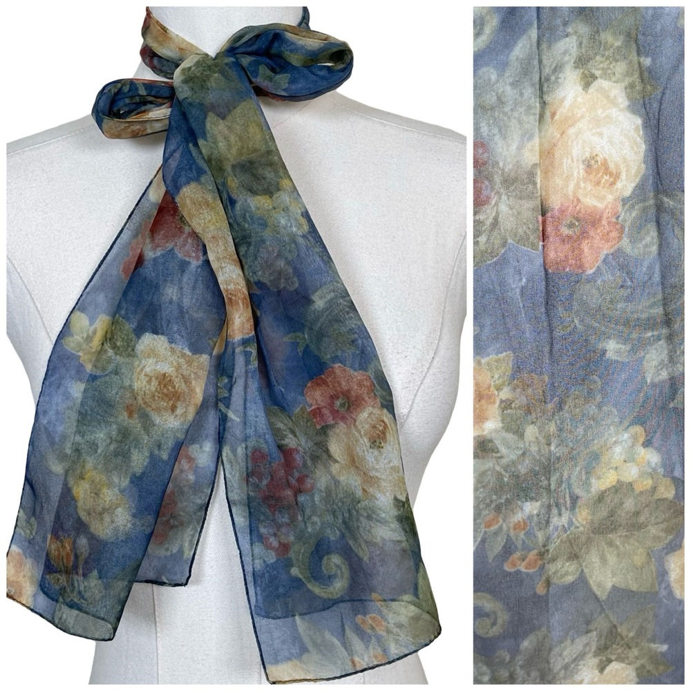 Vintage Floral Sheer Chiffon Scarf Blue Multi Botanical Rose  Whimsigoth Y2K